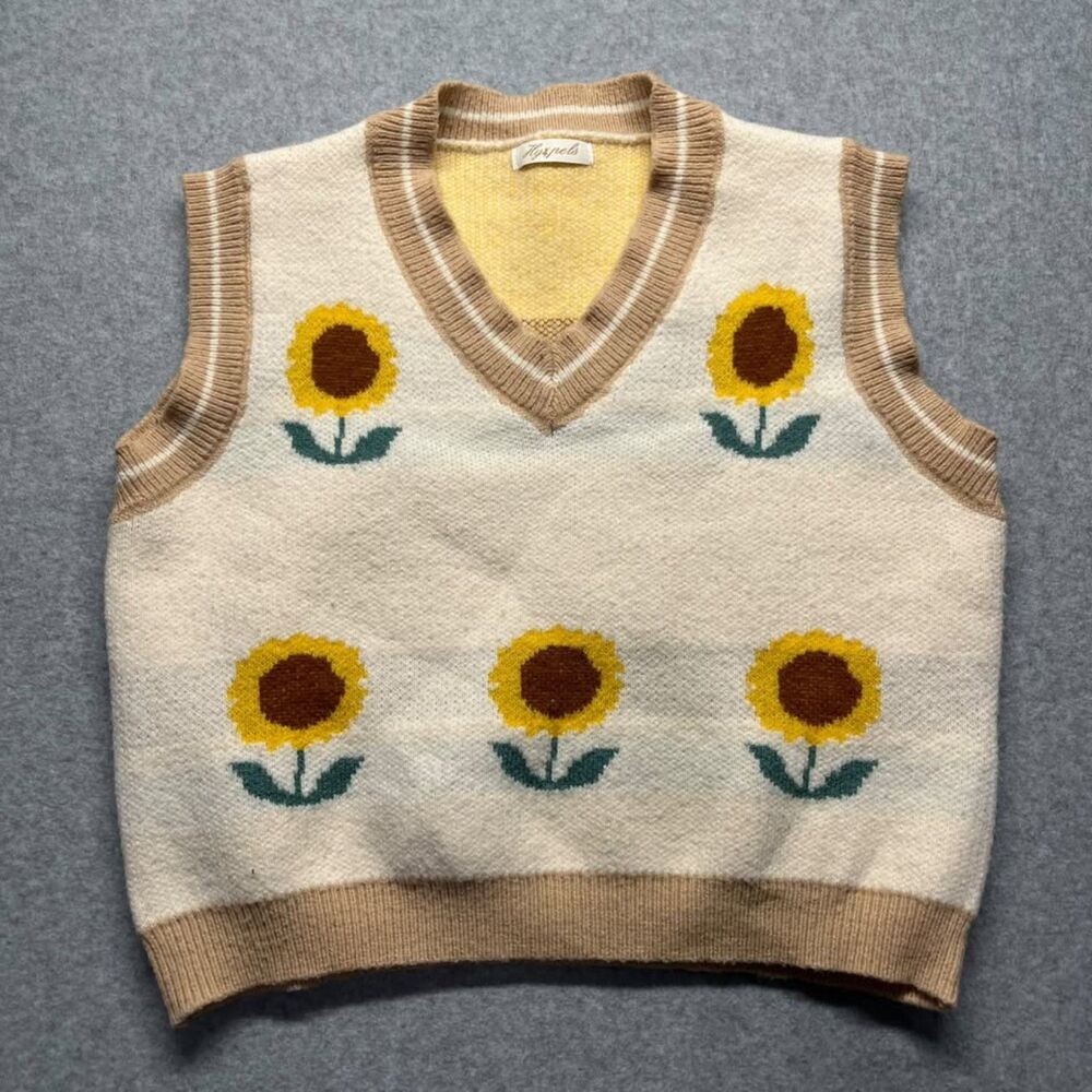 Hypels Sunflower Sweater Vest Women's One Size Cream Tan Floral Knit V-Neck